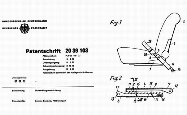 1969-1974: Patentschrift Nr. 20 39 103 Sicherheitsgurteinrichtung mit am Sitz befestigtem Dreipunkt-Automatik-Sicherheitsgurt, August 1970.